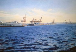 Ferry Crossing Elliott, oil on canvas, 49 X 70 inches, copyright ©1989