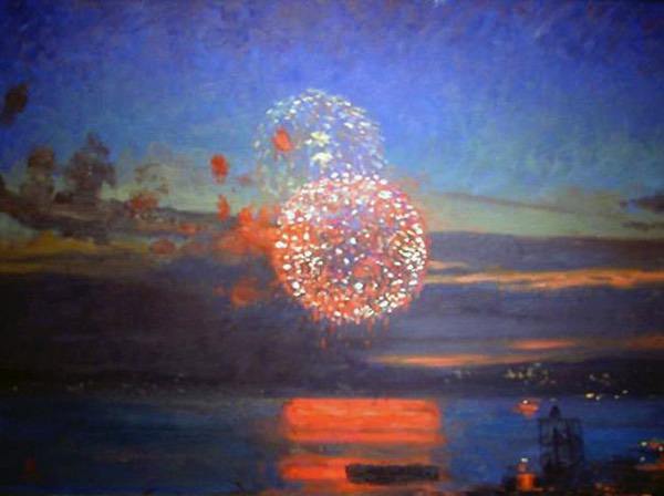 Painting: Fireworks Over Lake Union, oil on canvas, 18 x 24 inches, copyright ©2004