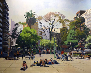 Plaza Guemes, Buenos Aires, oil on canvas, 76 x 96 inches, work in progress, copyright ©2018