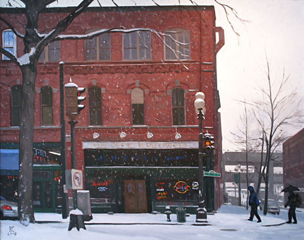 J & M Cafe In The Snow, oil on canvas, size unknown, copyright ©2008