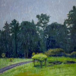 LET IT RAIN (PANTHER LAKE GARDEN SERIES), oil on MDH panel, 30 x 30 inches, copyright ©2023, $3,400.00