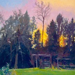 FIREY SUNSET (PANTHER LAKE GARDEN SERIES), oil on MDH panel, 30 x 30 inches, copyright ©2023, $3,400.00