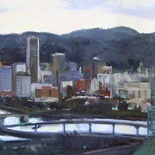 City Of Bridges, oil on canvas, 17 x 30 inches, copyright ©1999