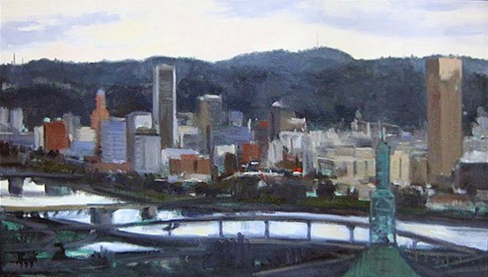 City Of Bridges, oil on canvas, 17 x 30 inches, copyright ©1999