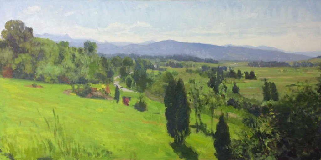 Snohomish Valley Spring, oil on panel, 18 x 36 inches, work-in-progress copyright ©2015