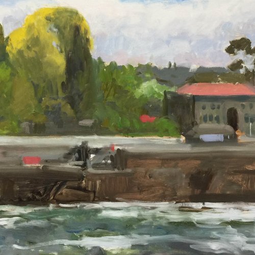 Hiram Chittenden Locks (Ballard), oil on panel, 18 x 36 inches, work in progress copyright ©2018