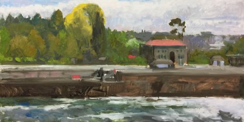 Hiram Chittenden Locks (Ballard), oil on panel, 18 x 36 inches, work in progress copyright ©2018