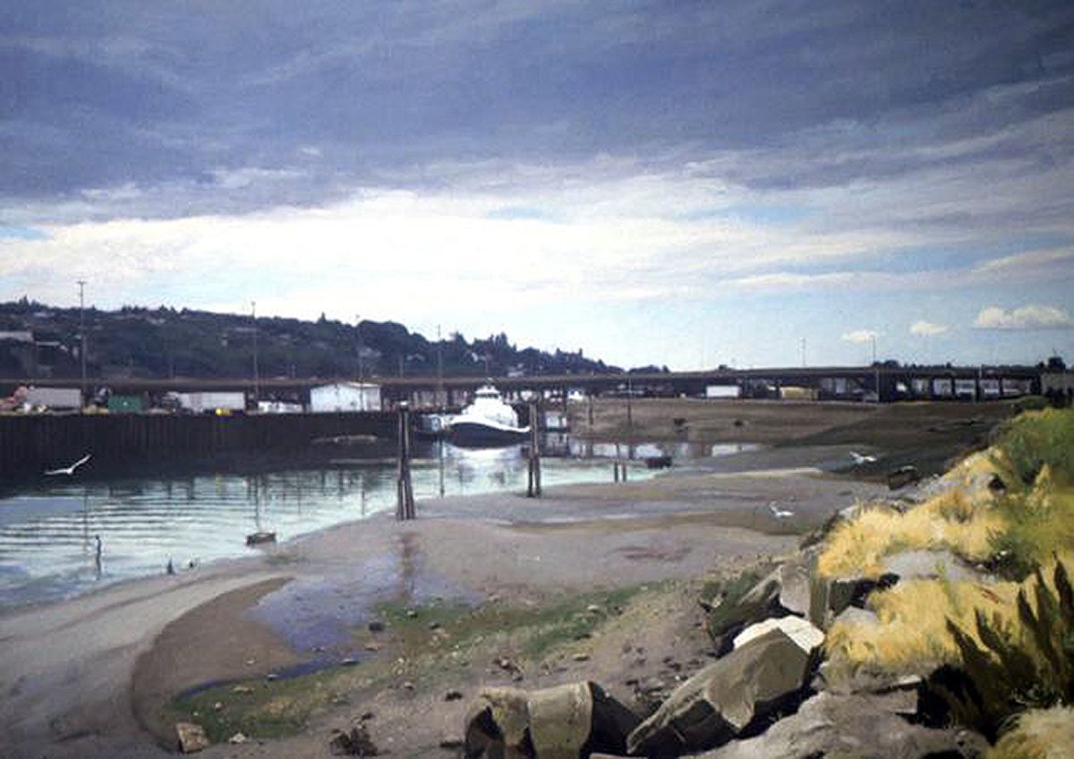 Tug At Interbay, oil on canvas, size unknown, copyright ©1988