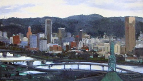 City Of Bridges, oil on canvas, 17 x 30 inches, copyright ©1999
