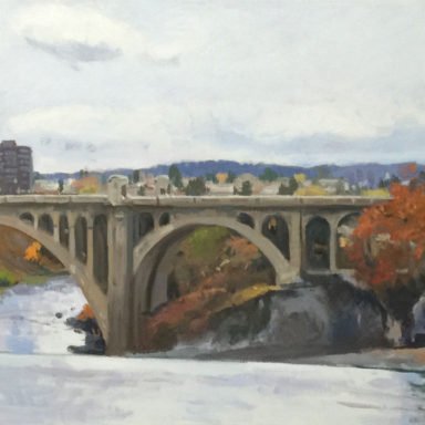 Crossing The River (Monroe Street Bridge), oil on canvas, 24 x 64 inches, copyright ©2016