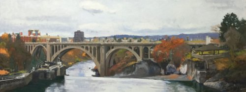Crossing The River (Monroe Street Bridge), oil on canvas, 24 x 64 inches, copyright ©2016
