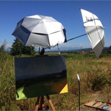 My setup for the painting "Lowell Larimer Road II." Obviously I need a couple more umbrellas.