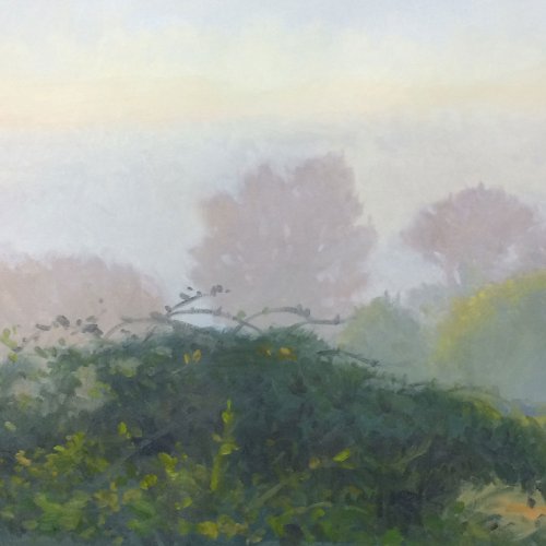 Morning Fog 2: Snohomish Valley, oil on prepared paper, 22 x 30 inches, copyright ©2014