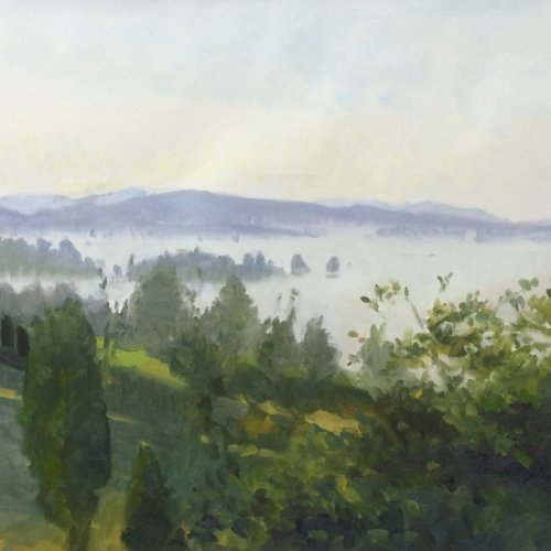 Morning Fog: Snohomish Valley, oil on prepared paper, 22 x 30 inches, copyright ©2014