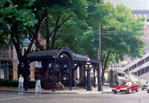 Pergola, Red Car, oil on canvas, 32 X 54 inches, copyright ©1989