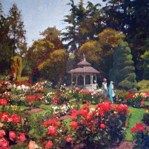 Woodland Park Rose Garden, oil on canvas, 36 x 36 inches, copyright ©2003