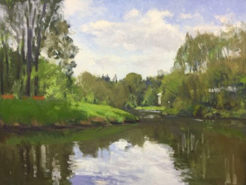 Sammamish River at Bothell Landing, oil on canvas, 30 x 40 inches, work in progress ©2017