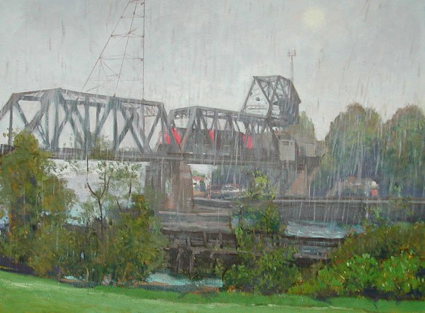 Raining Bridge, oil on canvas, 30 x 40 inches, copyright ©2003