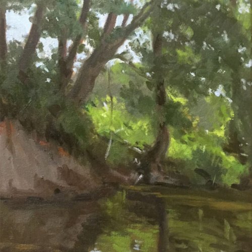 Pilchuck Riverbank, oil on canvas, 16 x 11 inches, copyright ©2015