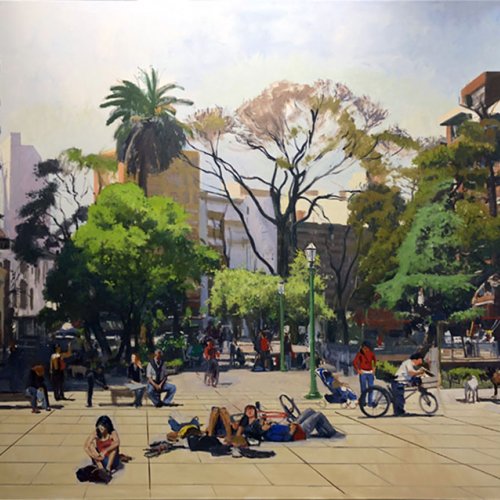 Plaza Guemes, Buenos Aires, oil on canvas, 76 x 96 inches, work in progress, copyright ©2014 