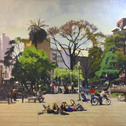 Plaza Guemes, oil on canvas, 76 x 96 inches, work in progress copyright ©2016