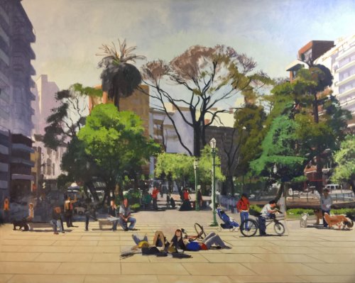 Plaza Guemes, oil on canvas, 76 x 96 inches, work in progress copyright ©2016