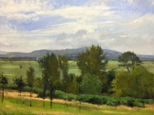Snohomish Valley, End Of Summer, oil on canvas, 30 x 40 inches, work in progress copyright ©2016