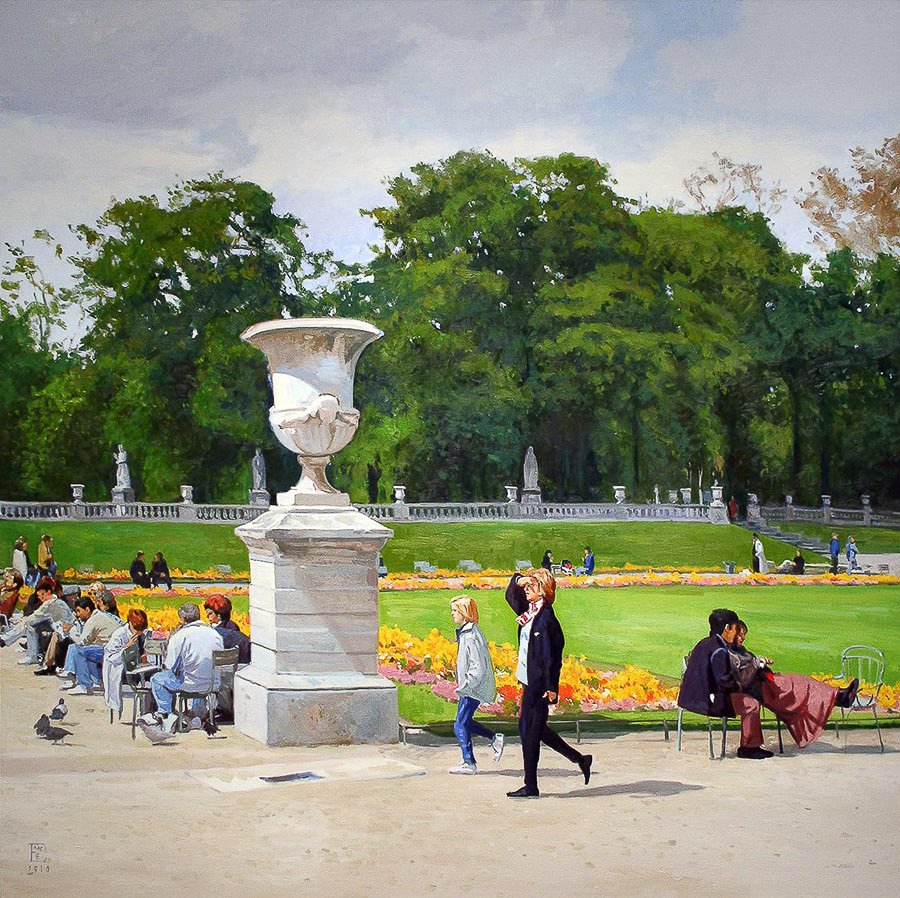 Luxembourg Gardens, (Love in Paris), oil on canvas. 72 X 72 inches, copyright ©2010, $15,400