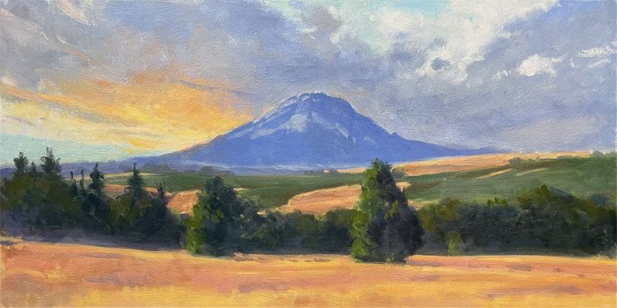 Mt. Adams From High Plain, oil on panel, 12 x 24 inches, copyright ©2022, $2,500