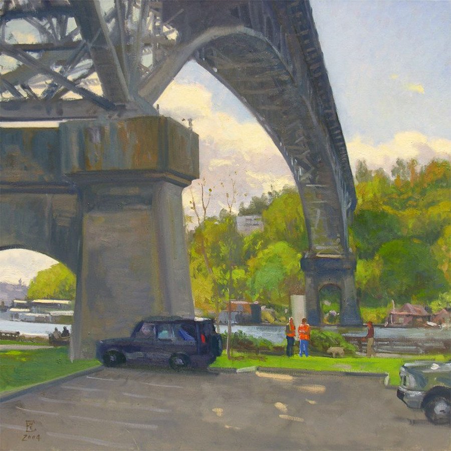 BENEATH THE AURORA BRIDGE, oil on canvas, 36 x 36 inches, copyright ©2004, $5,300