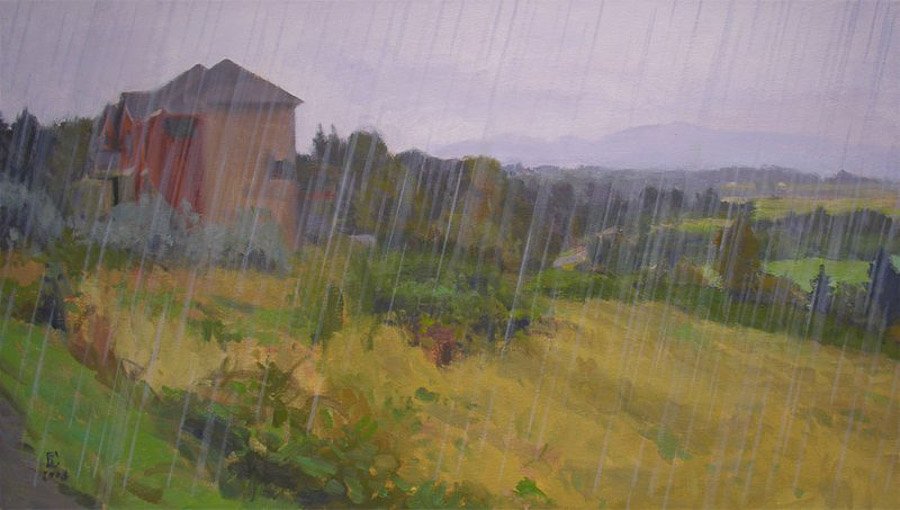 Driving Rain, oil on canvas, 17 x 30 inches, copyright ©2008, $2,850