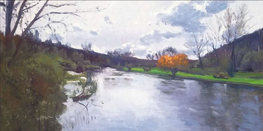 Somewhere On The Little Spokane River, oil on panel, 18 x 36 inches, copyright ©2017, $3,500