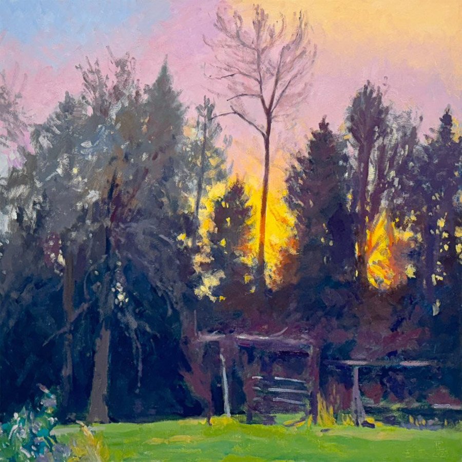 FIREY SUNSET (PANTHER LAKE GARDEN SERIES), oil on MDH panel, 30 x 30 inches, copyright ©2023, $3,800.00