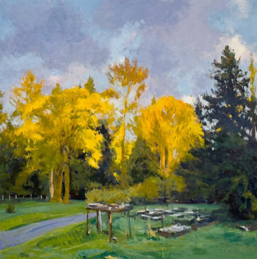 GOOD MORNING (PANTHER LAKE GARDEN SERIES), oil on MDH panel, 30 x 30 inches, copyright ©2023, $3,800.00
