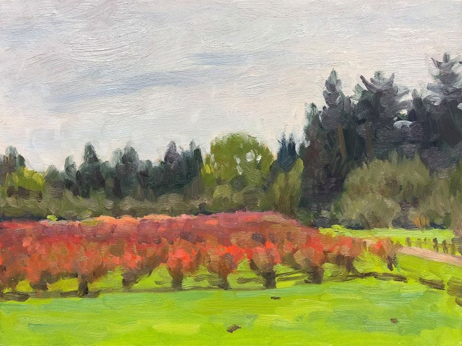 LARSEN LAKE BLUEBERRY FARM, oil on MDH panel, 9 x 12 inches, copyright ©2018, $950.00
