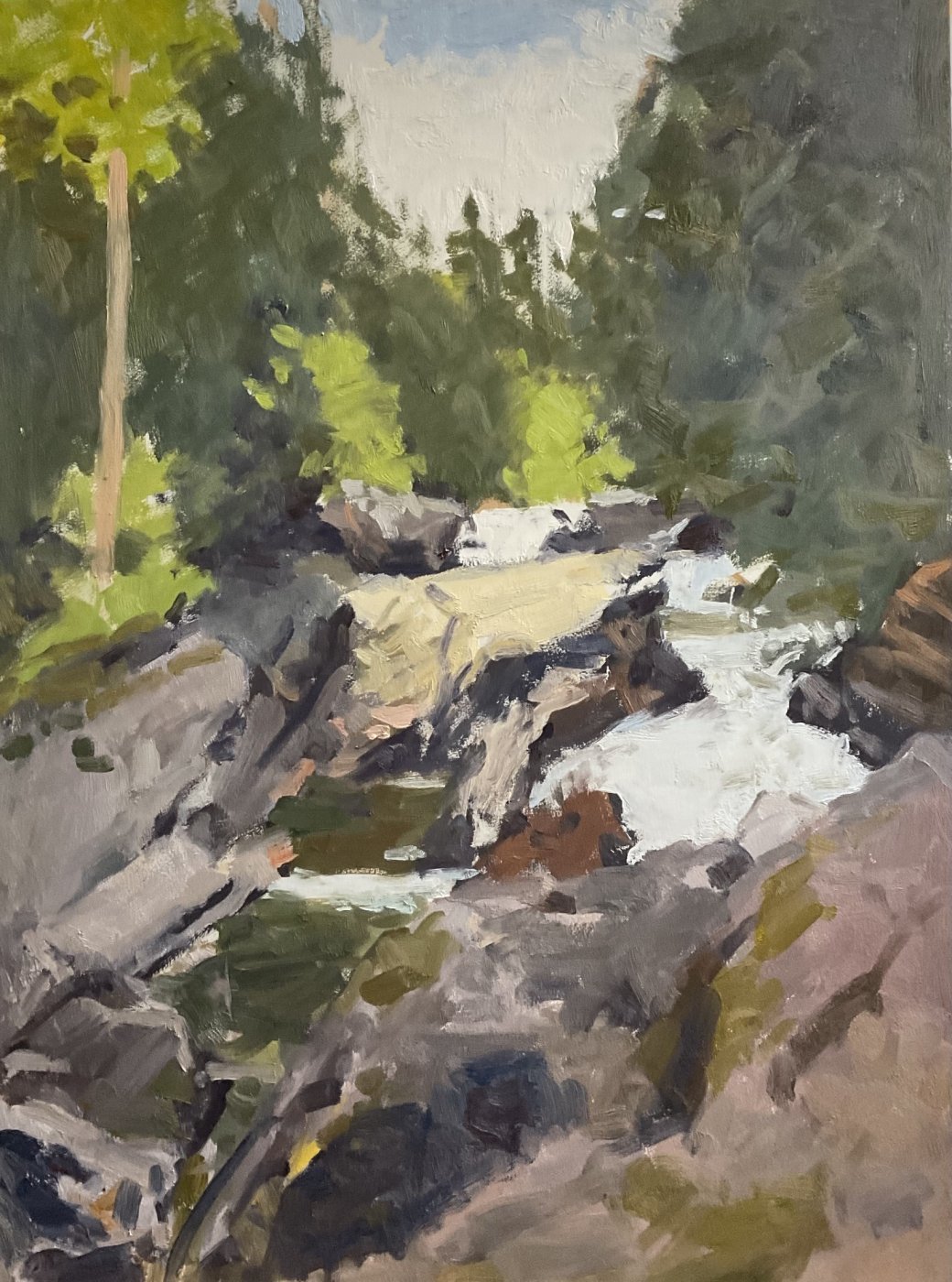 WEEKS FALLS, oil on ACM panel, 24 x 18 inches, work in progress copyright ©2025